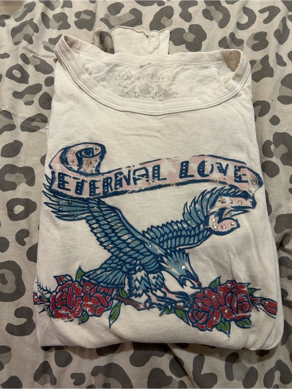 Women's White Long Sleeve Graphic Tee with Blue Eagle and Red Roses
